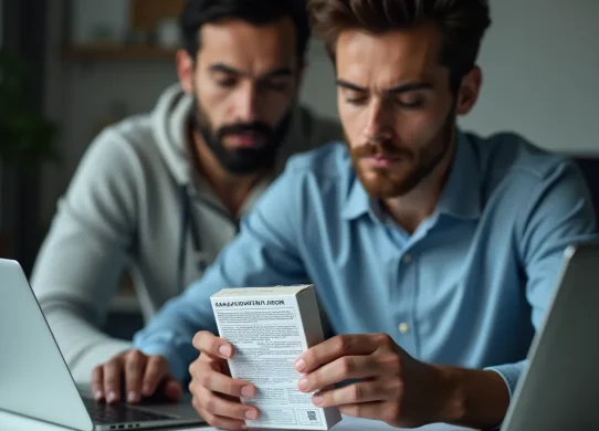 Consumatore che controlla l'etichetta di un integratore per il benessere maschile davanti a un computer